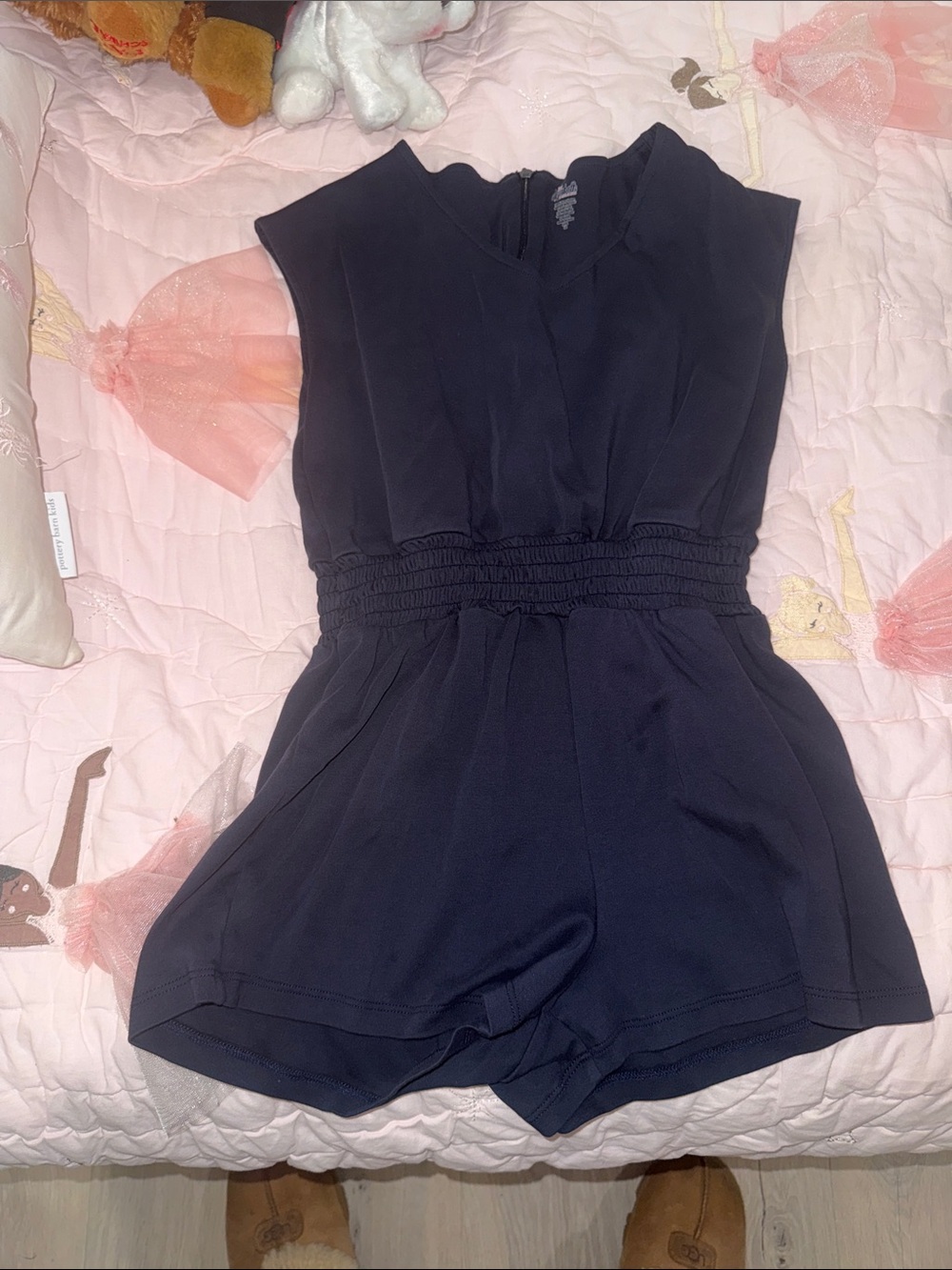 J.Elizabeth Navy Smocked-Waist Sleeveless One-Piece Romper